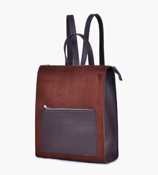 Brown valvet &  Leather Backpacks For women-Chic Zipper Closure Backpack 557-2